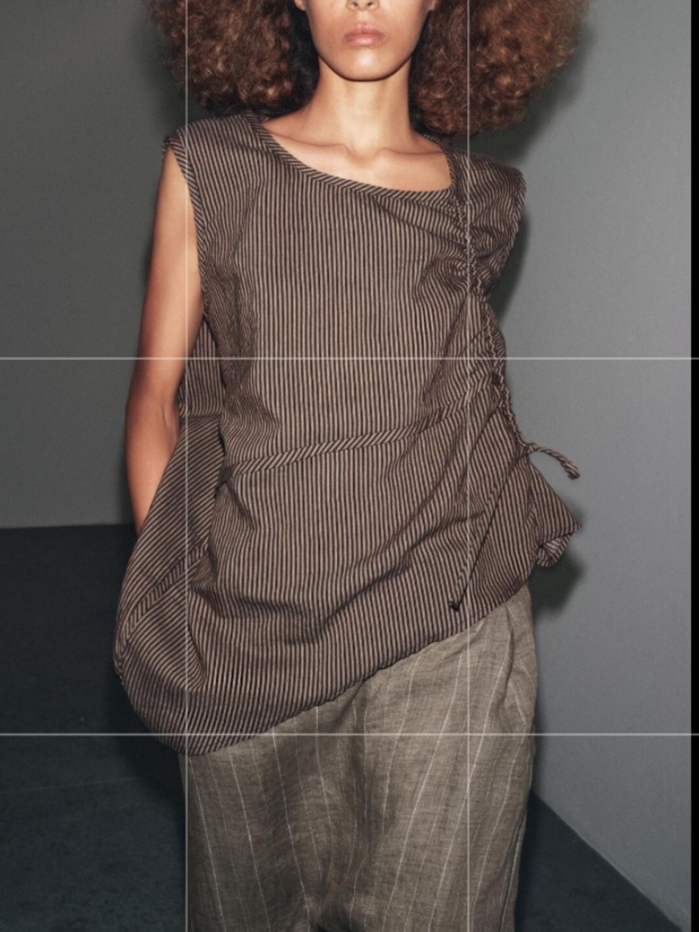 Zara linen Top Women's Small Brown Linen Striped Asymmetrical Ruched Boho NWT